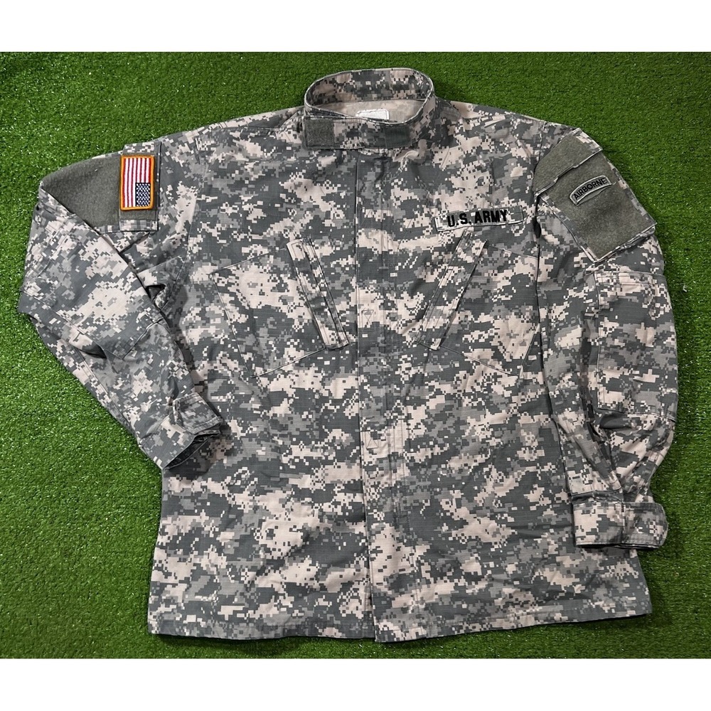 US Army ACU Jacket Lg LongDigital Camo Combat Uniform Coat Flag & Airborne Patch